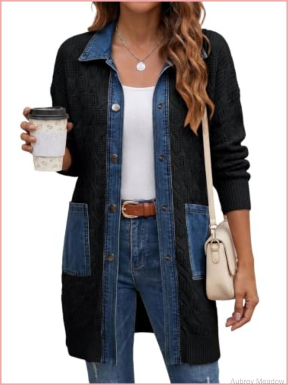 Denim Patchwork Button Down Cable Knit Chunky Long Cardigan Sweater